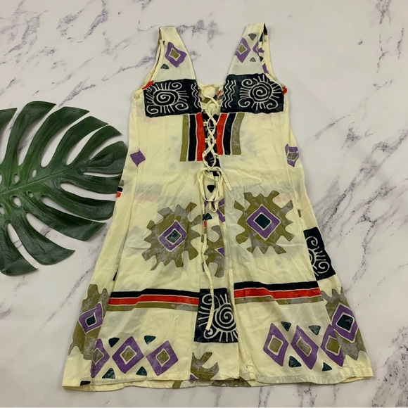 Womens Vintage 90s Sundress Size S Art Block Print Floral Lace Up Back Shift - Picture 4 of 6